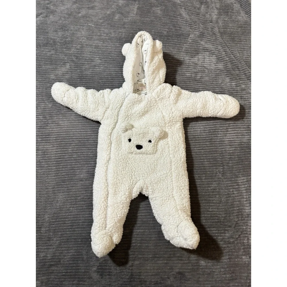 First Wish Baby Size 3-6m  Off-White Bear Hooded Bunting Snowsuit Sherpa Winter.